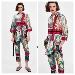 Zara Tropical Floral Print Satin Cropped Casual High Waisted Pants Medium